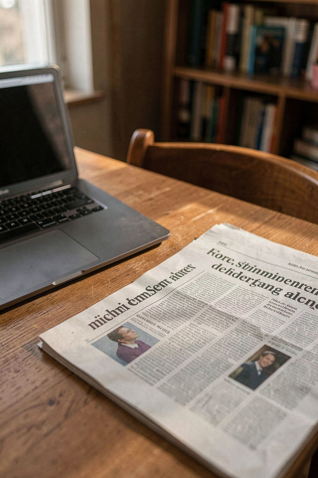 Kuvassa on puinen työpöytä, jolla on avoinna oleva kannettava tietokone ja vieressä saksankielinen sanomalehti. Ikkunasta tulee pehmeää iltapäivän valoa, joka osuu paperin reunaan. Kuvakulma on hieman ylhäältä, ja taustalla on hylly, jossa on kirjoja.